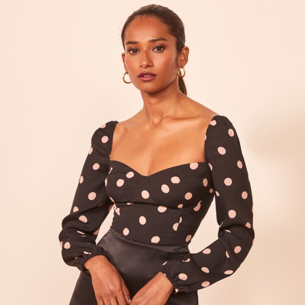 Reformation Black Blouse with Pink Polka Dots